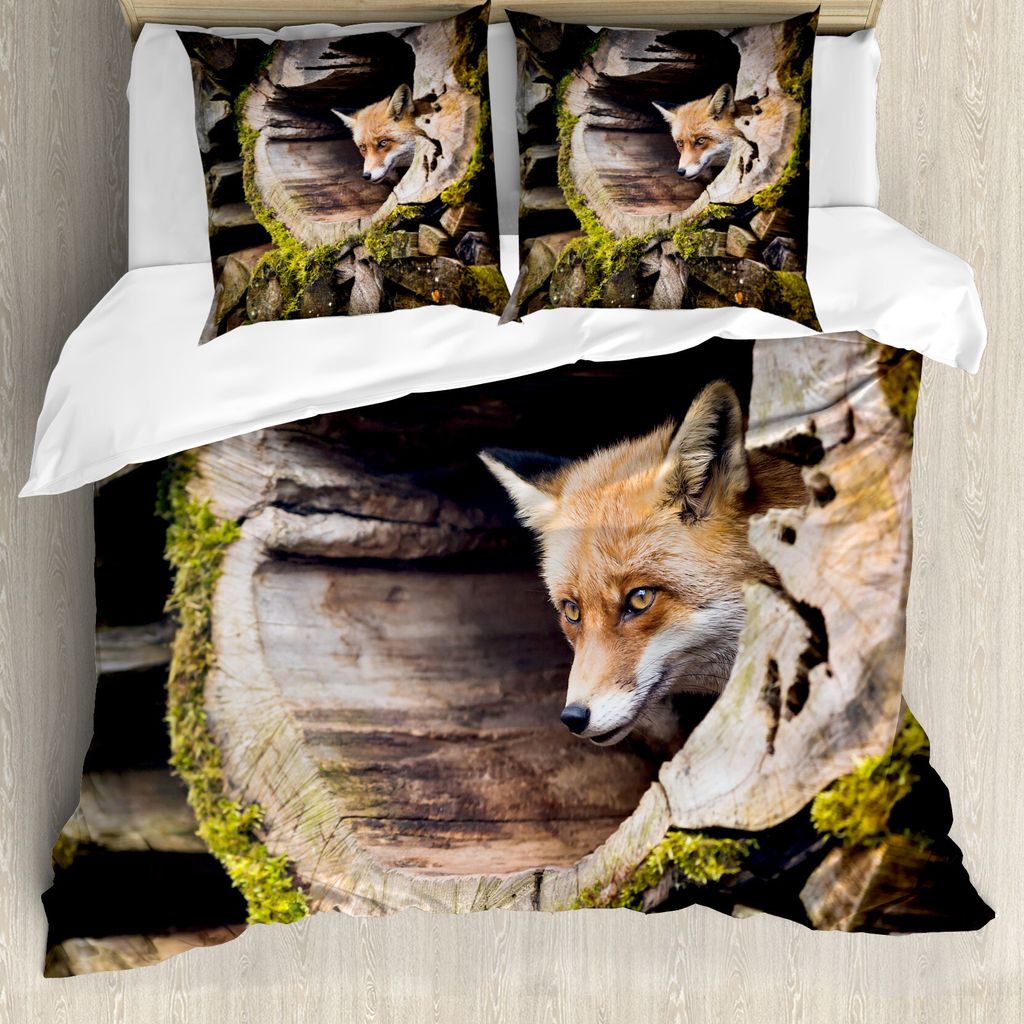 ABAKUHAUS Tier Bettbezug, Natur Wilde Fox Wald, Milbensicher Allergiker geeignet mit Kissenbezügen, 200 cm x 200 cm - 80 x 80 cm, Mehrfarbig
