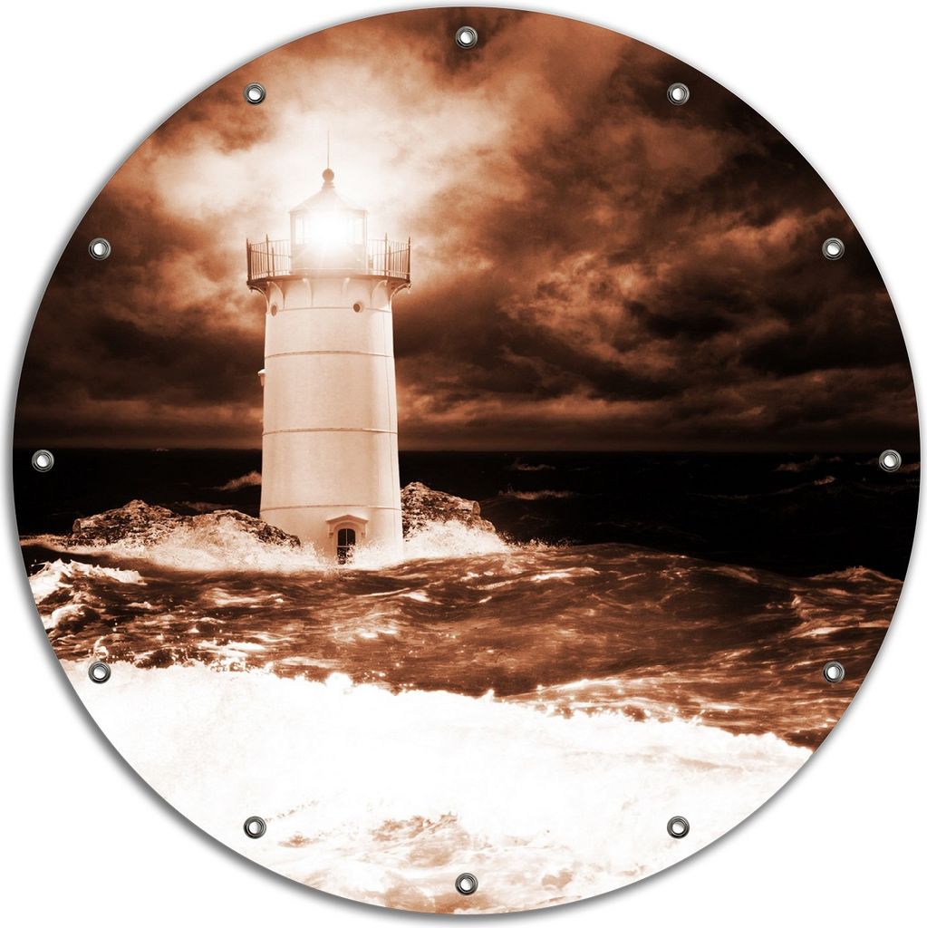 Wallario rundes Outdoor-Poster für Garten oder Balkon, Motiv Abstrakter Leuchtturm im Wasser bei stürmischer See, 90 cm Durchmesser