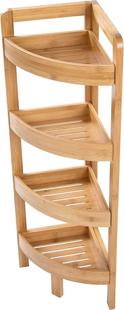 A four-tiered corner shelf unit made of bamboo.