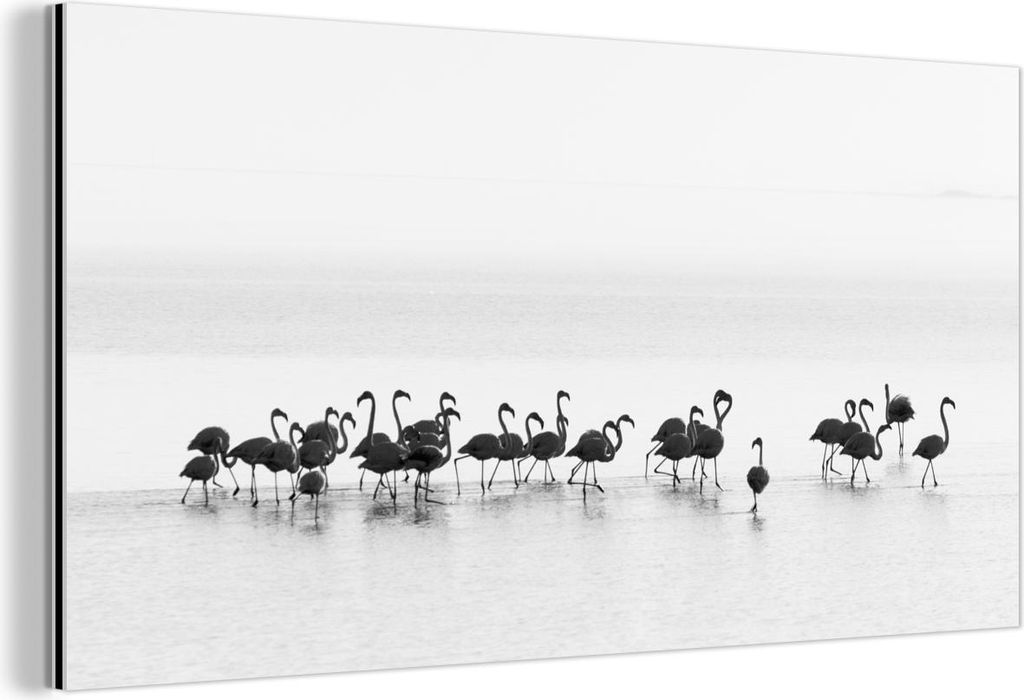 MuchoWow Wanddekoration Metall Metallbild Wandkunst 40x20 cm Flamingos - Wasser - Natur - Schwarz und weiß MuchoWow Aluminium Gemälde - Bild - Al...