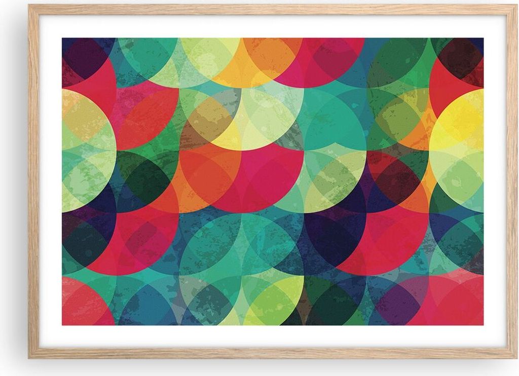 Gerahmtes Poster - Rahmen in heller Eiche - Farben Räder Abstraktion - 70x50 cm - Wand Bild - Wanddeko - Wandbilder - Kunstposter - Wandposter - B...