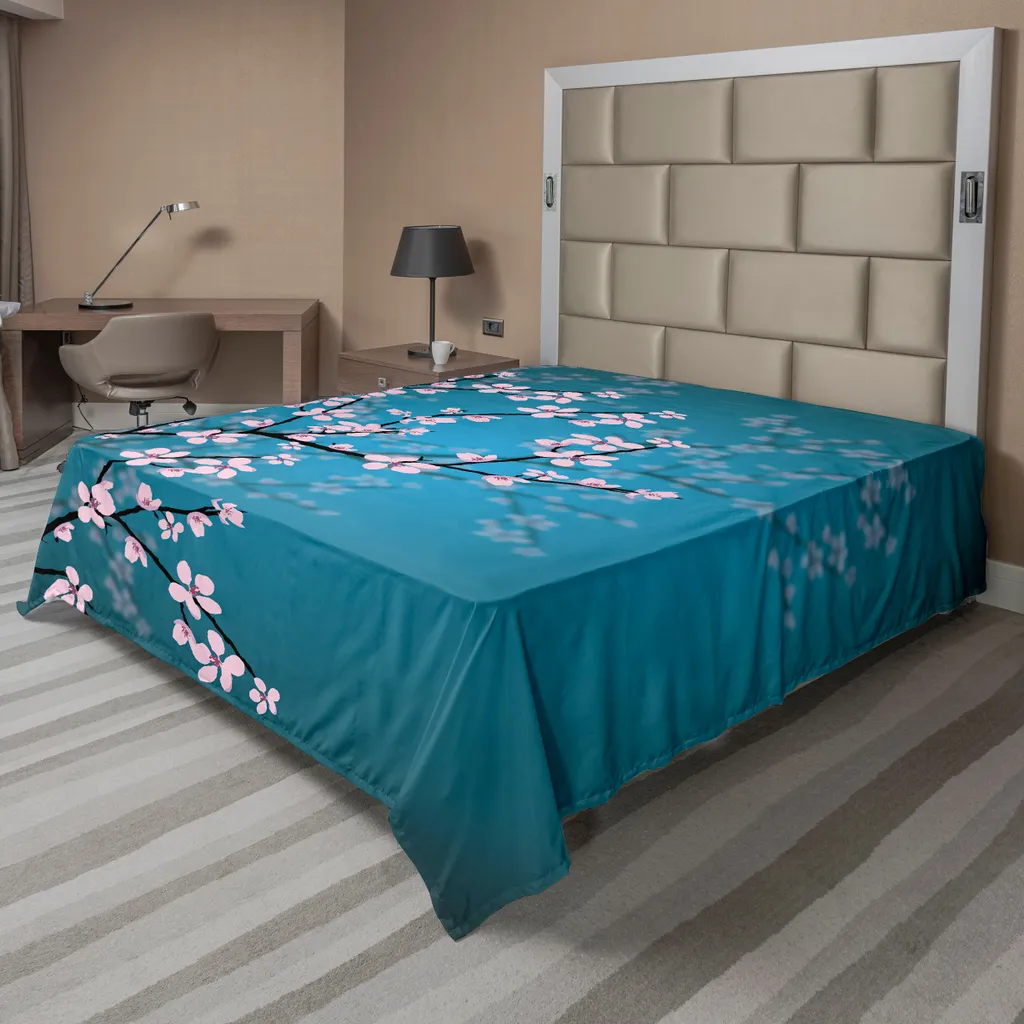 ABAKUHAUS Drap Plat Japonais Fleurs de Cerisier Bleu Pétrole 244x205cm