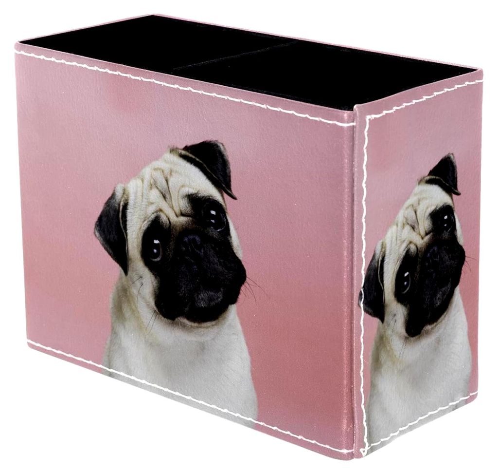 Stifthalter mit Mops- und Welpenmotiv, rosa Organizer für den Schreibtisch, 2 Fächer, Stiftehalter, Make-up-Pinsel, Aufbewahrung, Schreibtischbedarf
