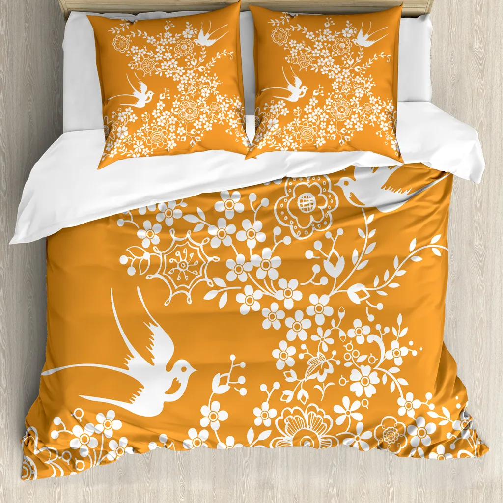 ABAKUHAUS Set copripiumino arancione per letti matrimoniali, uccelli giapponesi, antiacaro, adatto a chi soffre di allergie, con federe, calendula bianca