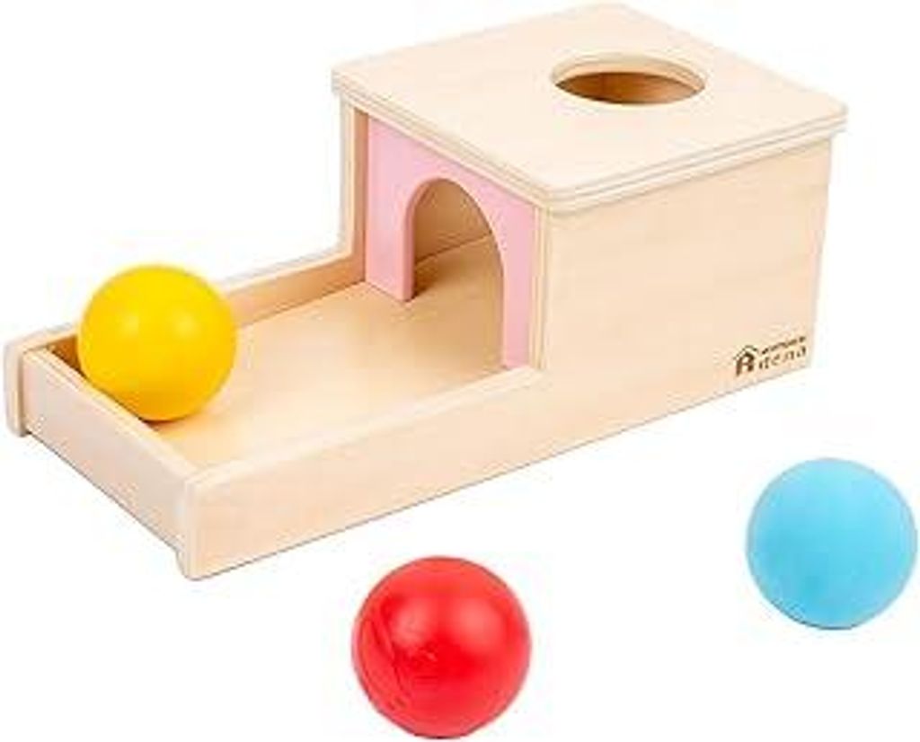 Adena Montessori Objektpermanenz Box mit Tablett DREI Bälle Montessori-Spielzeug für 6-12 Monate Baby 1 Jahr alt Kleinkind (Small Box - für Mäd...