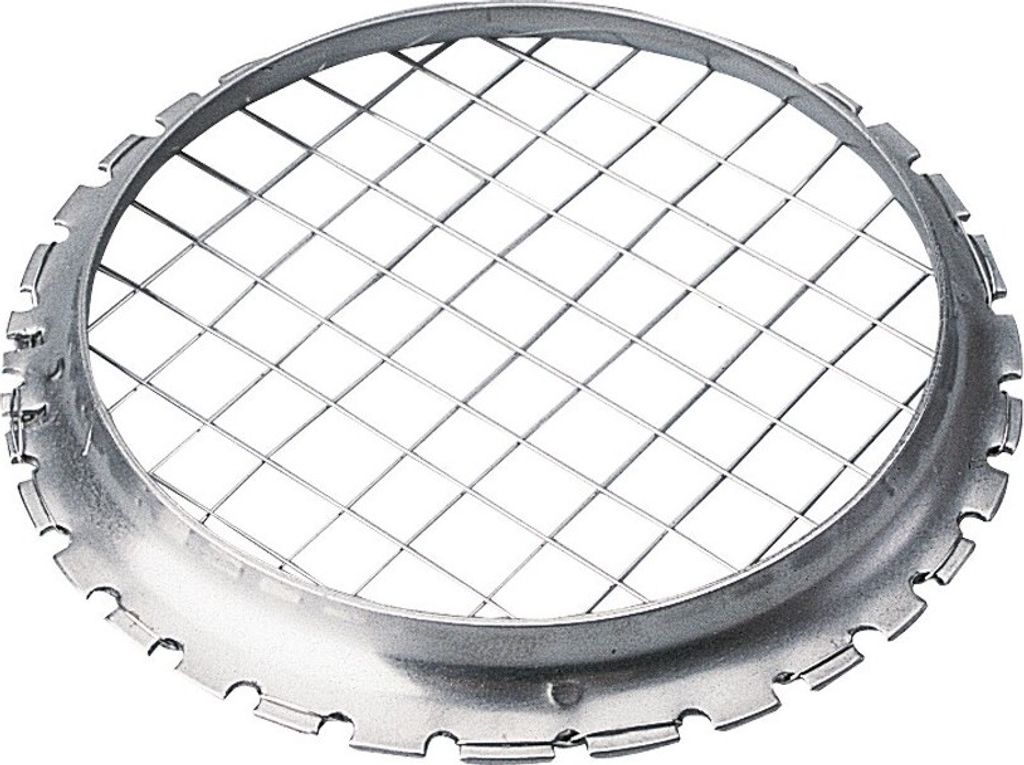 A close-up, studio shot of a metal grater attachment for a kitchen appliance.
