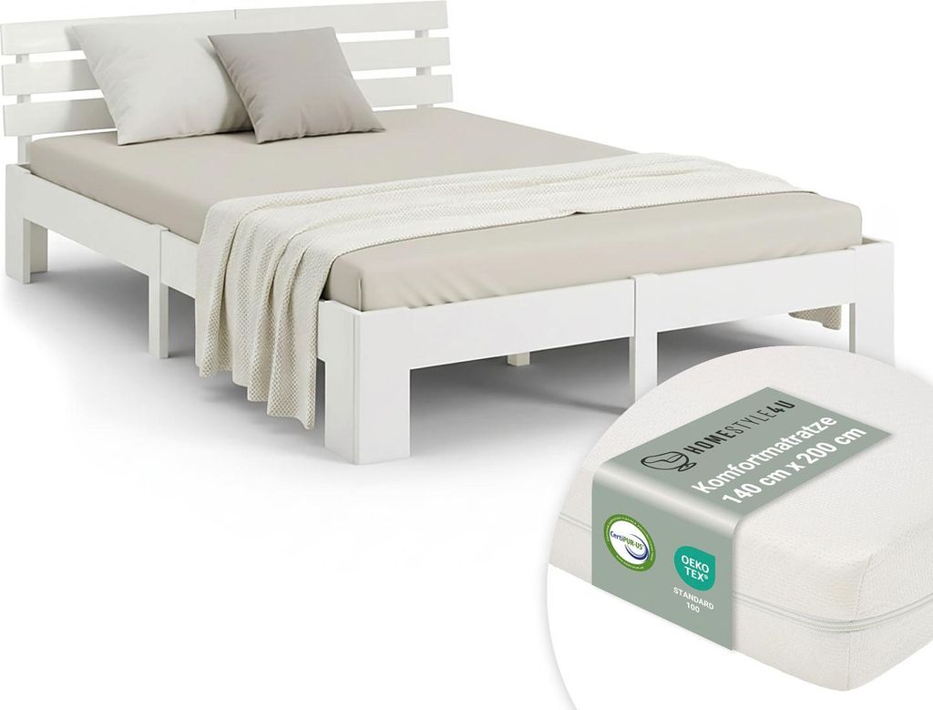Lit double avec matelas et sommier 140x200 Lit blanc pin Image du produit 
