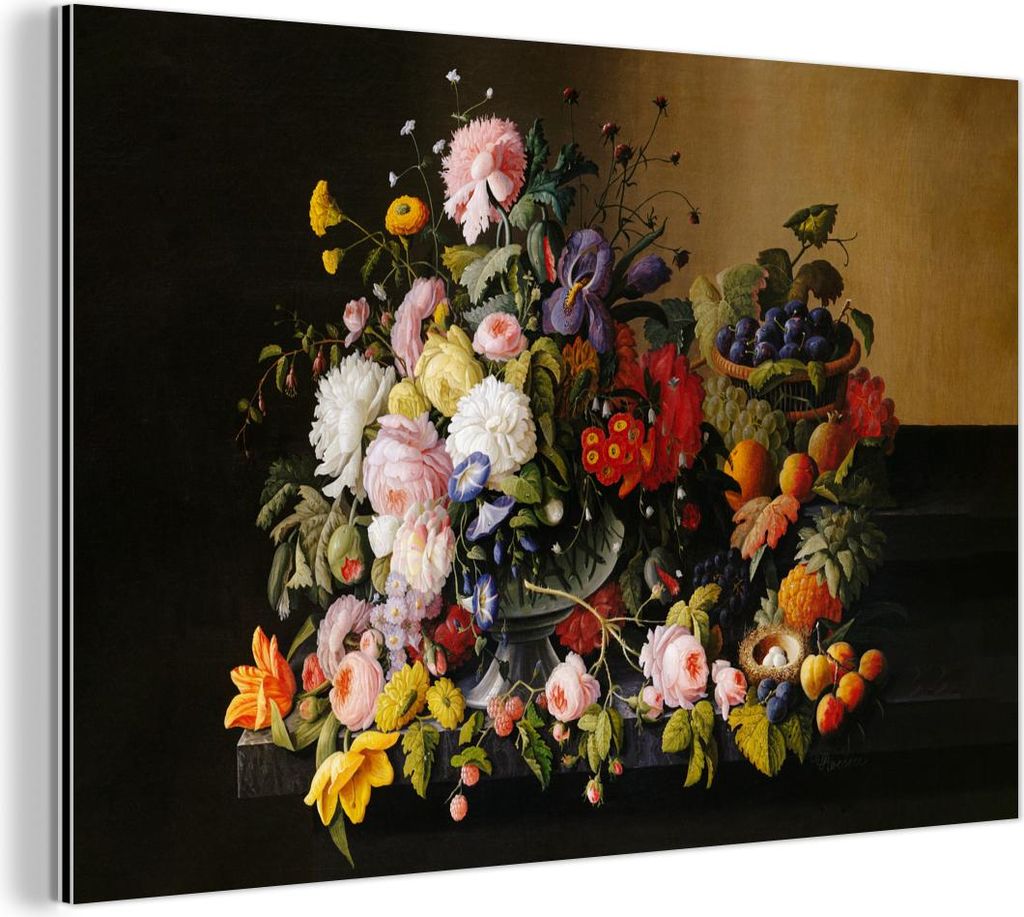 MuchoWow Wanddekoration Metall Metallbild Wandkunst 30x20 cm Stilleben mit Blumen und Früchten - Kunstwerk - Alte Meister MuchoWow Aluminium Gemä...