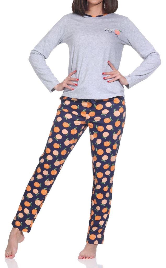 Normann Damen Pyjama langarm Schlafanzug – „Peachy“ Design – Soft-Jersey Komfort ; grau-mel. , 44