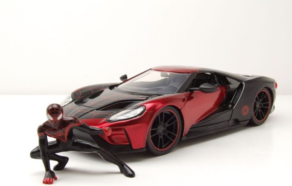 Ford GT 2017 rot schwarz mit Figur Miles Morales Spiderman Modellauto 1:24 Jada Toys