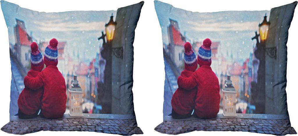 ABAKUHAUS Winter Kissenbezug Set (2Stück), Weinlese-Foto von Sweet Kindern mit gleicher Kleidung Sitzen auf Treppenansicht Zusehen, 45 x 45 cm, Me...