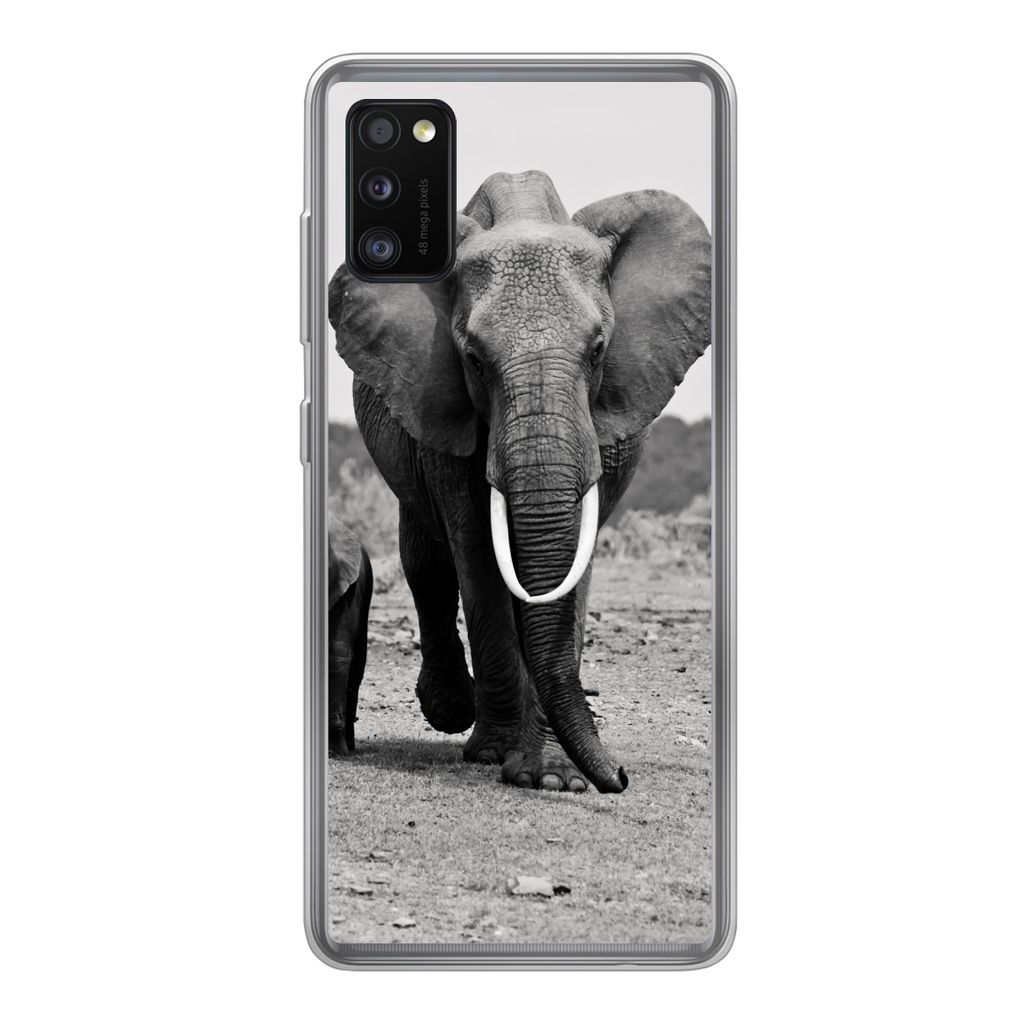MuchoWow Handyhülle Schutzhülle Hülle für Samsung Galaxy A41 Elefant - Kind - Schwarz - Weiß Silikon Softcase Handy Hülle - Mobiltelefon