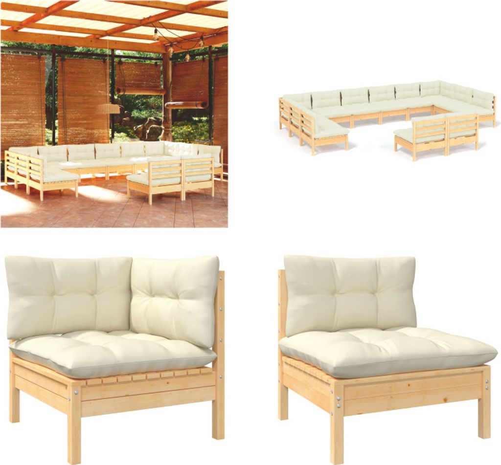 vidaXL 12 tlg. Garten Lounge Set mit Creme Kissen Massivholz Kiefer - Garten-Lounge-Set - Garten-Lounge-Sets - Gartenmöbel-Set - Gartenmöbel-Sets