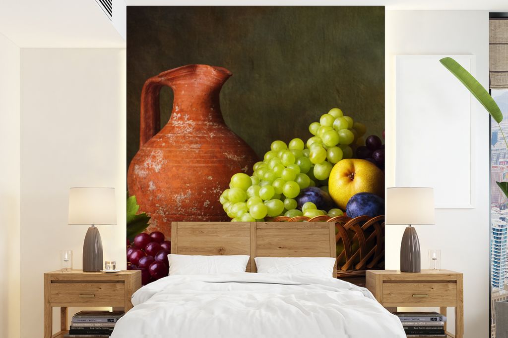 MuchoWow Fototapete für Wohnzimmer oder Schlafzimmer Wandtapete Vinyl Motivtapete Rustikal - Obst - Korb - Stilleben - 160x220 cm - Bildschirmhi...
