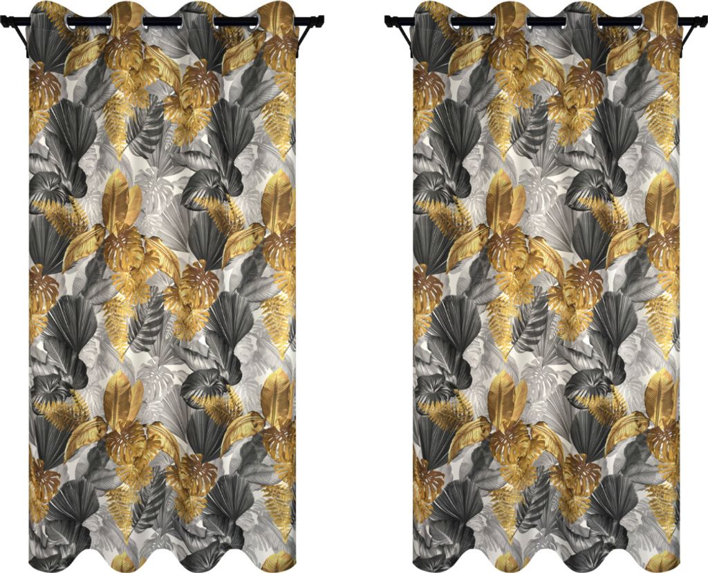 Vorhänge mit Ösen 140x260 2 Stücke graue Vorhänge mit goldenen Blättern Muster blickdichte Gardinen für Wohnzimmer