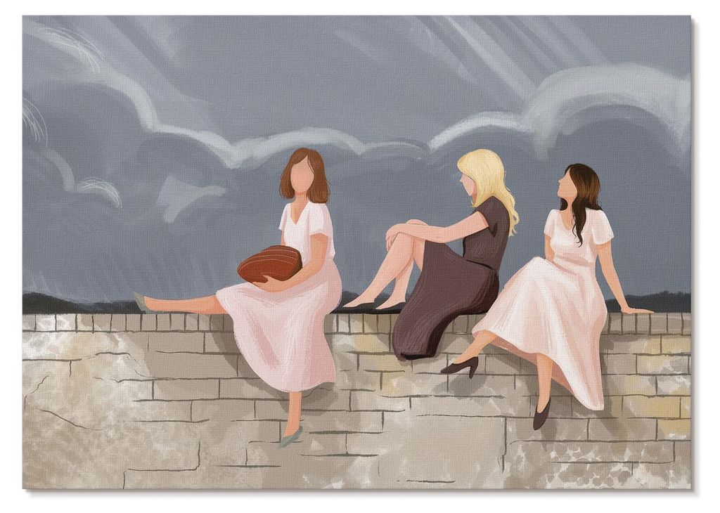 POSTER - 59x42 cm (A2) - Goa Mano - Drei Frauen an der Mauer, bunte Kleider, weiter Himmel - Wandbild für Wohnzimmer Schlafzimmer & Flur, Modernes...