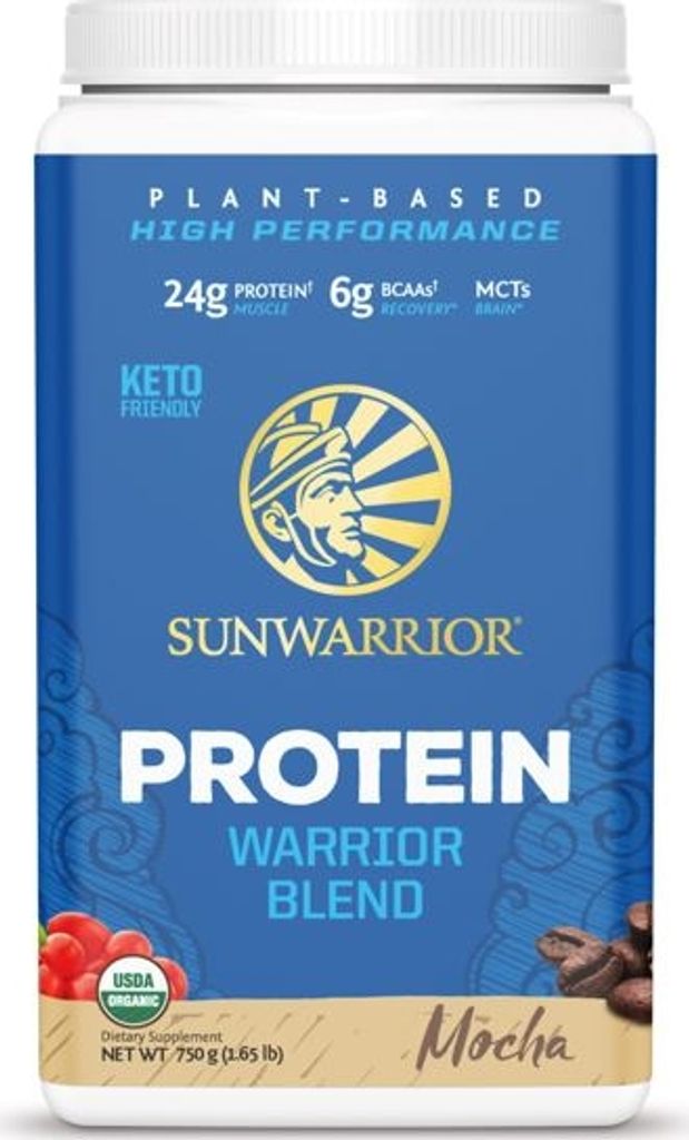 A product shot of a Sunwarrior Warrior Blend protein powder container.