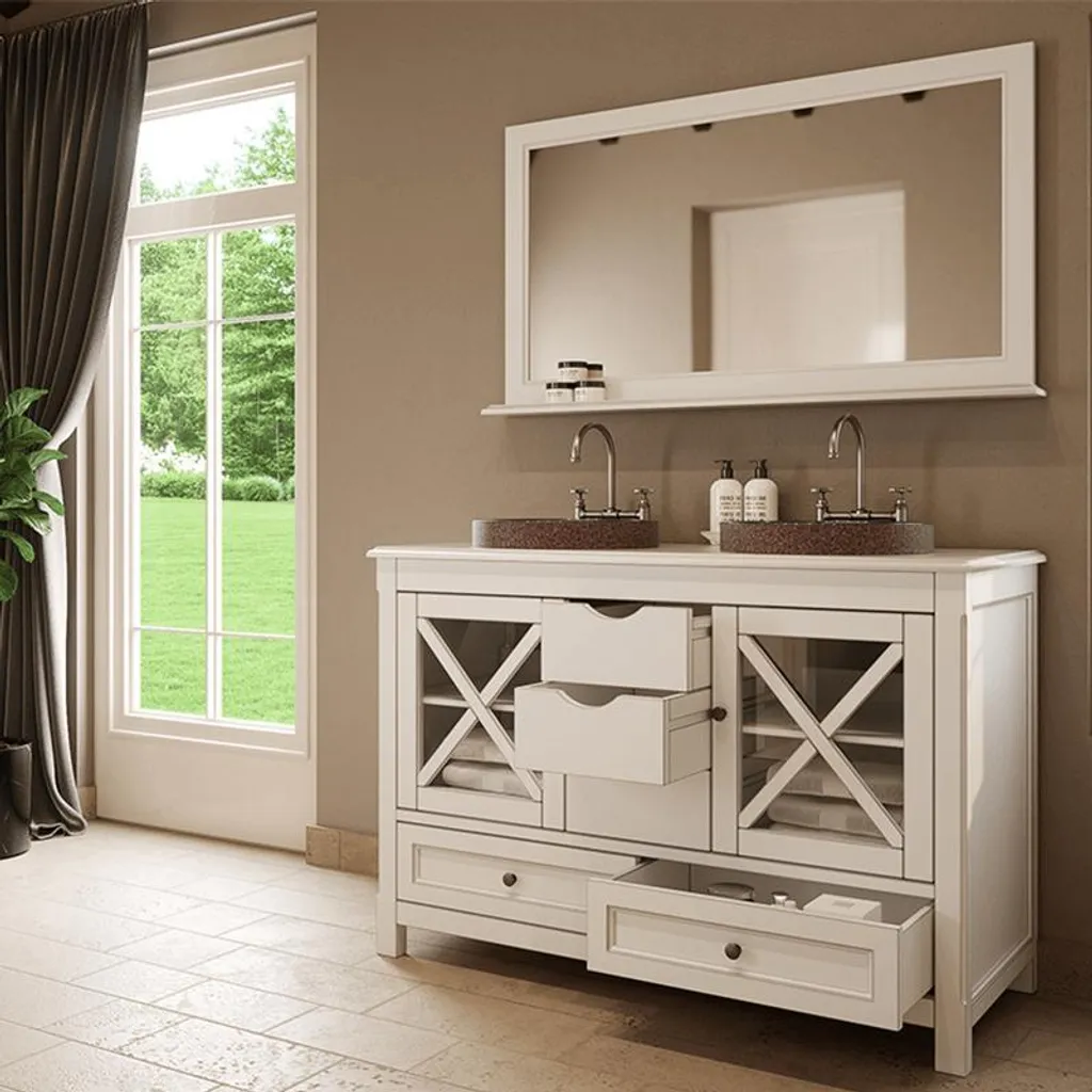 Miroir Mural 124 cm Blanc Vieilli - Solution Rangement Tablette Boho - 3