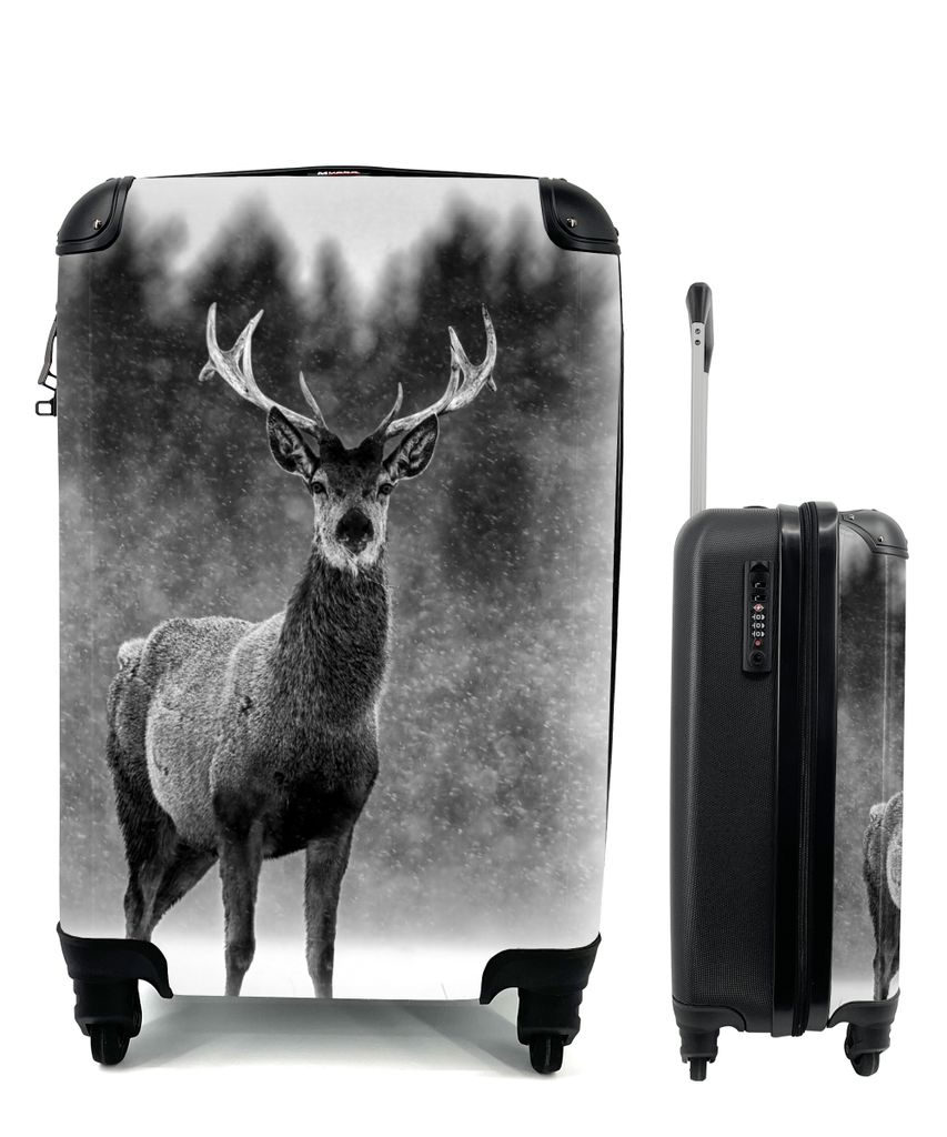 MuchoWow Koffer Handgepäck Trolley Rollkoffer Kleine Reisekoffer mit 4 Rollen - Tiere - Hirsche - Winter - Schwarz - Weiß - Cabin Size < 55x40x...