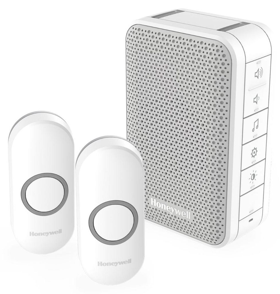 Honeywell DC313NFB Funk Türklingel Set - Funk Klingel mit 2 Klingeltastern - Reichweite bis 150m und 84dB Lautstärke - 6 Melodien und LED Signal ...