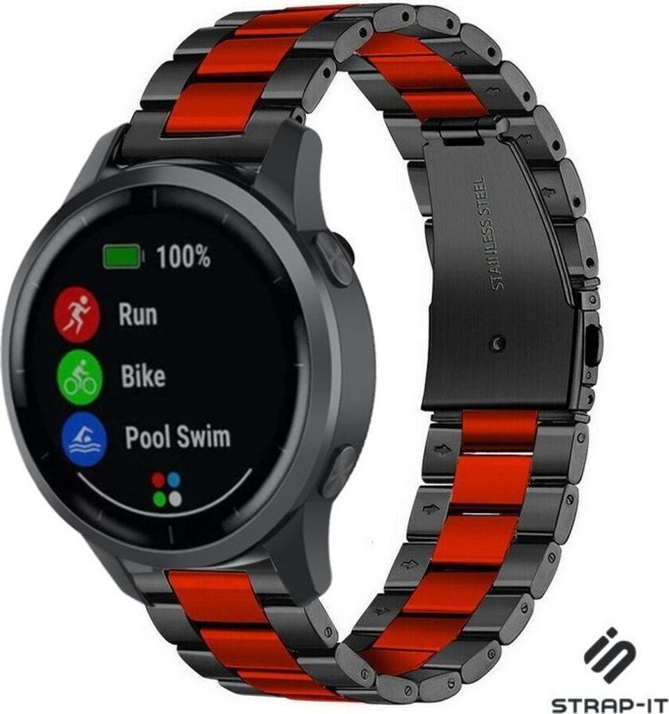 Strap-it Stahlarmband - Kompatibel mit Garmin Vivoactive 4 Armband 45mm - Gliederarmband Edelstahl Faltschließe für Armband Schwarz, Rot 22mm sma...
