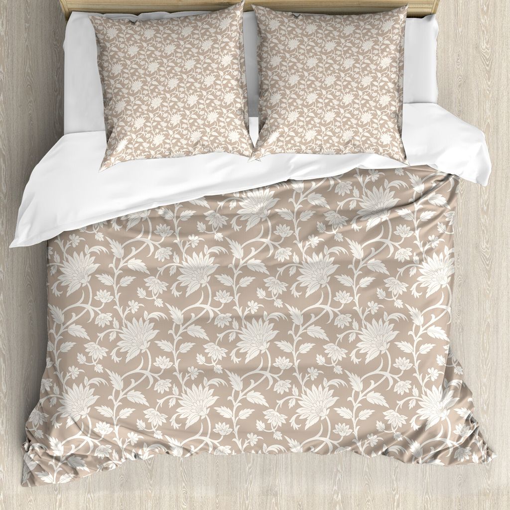ABAKUHAUS Blumen Bettbezug, Abstraktes Muster Blätter, Milbensicher Allergiker geeignet mit Kissenbezügen, 155 cm x 220 cm - 80 x 80 cm, Tan-Creme