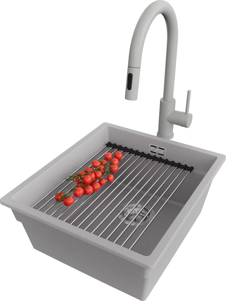 PRIMAGRAN Unterbauspüle Granit Grau 41x47cm, Spülbecken 1 Becken + Ablauf-Set + Küchenzubehörset, Granitspüle ab 45er Unterschrank - Praga