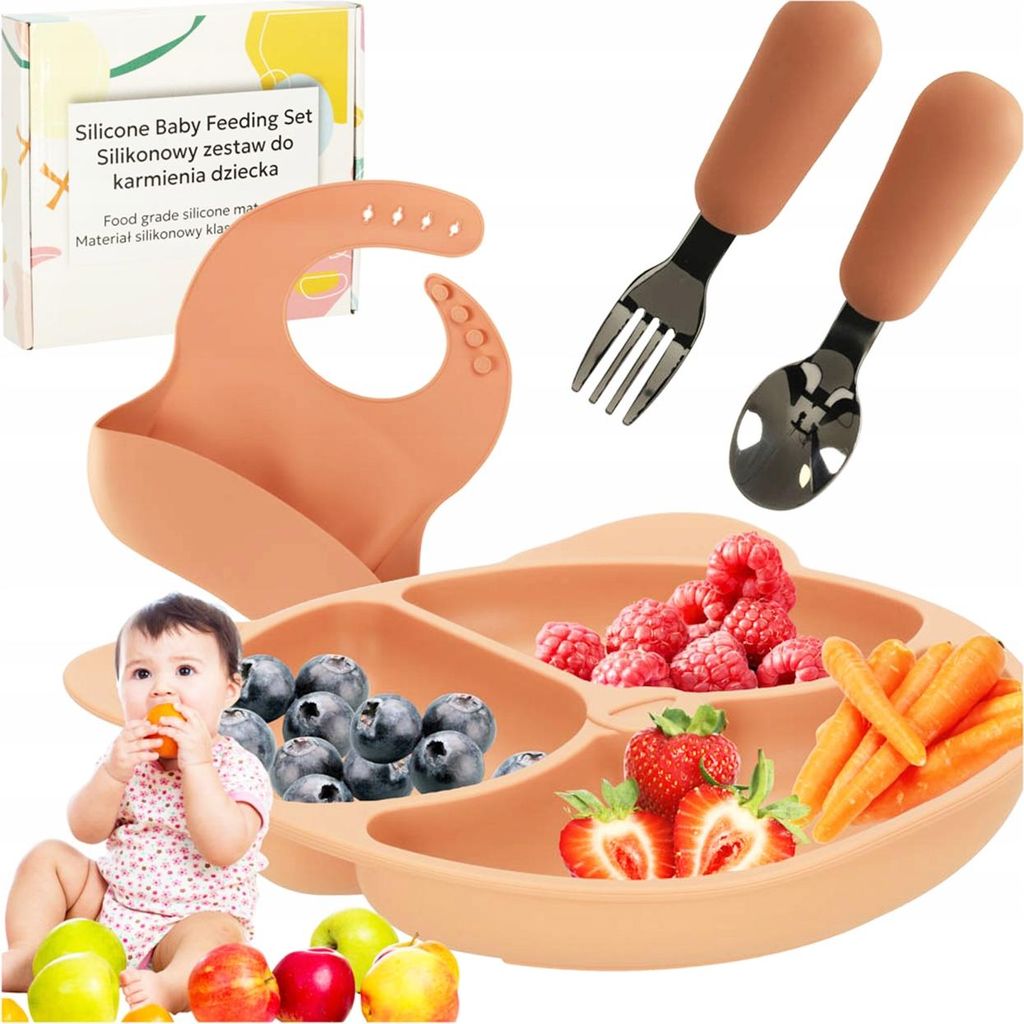Silikon Geschirrset für Babys und Kleinkinder, Bärendesign, 4-teilig, Orange