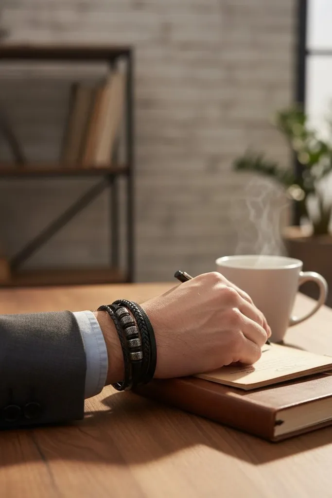Bracelet Homme Cuir et Acier Argenté : Cadeau Idéal Style Rétro 21 cm - 5
