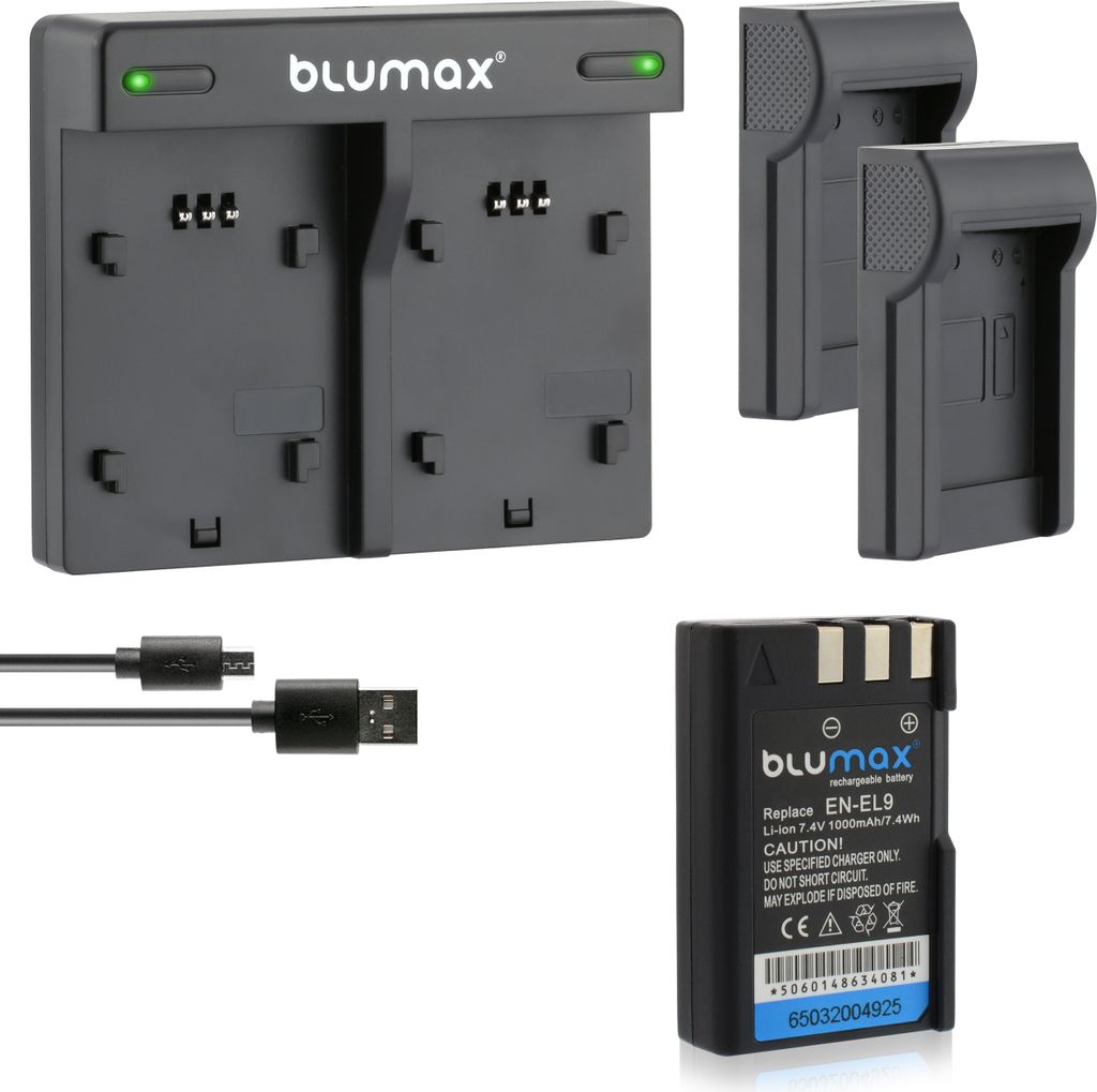 1x Akku + Lader für Nikon EN-EL9 DSLR D40 D60 D3000 D5000 1000 mAh (7,2V)