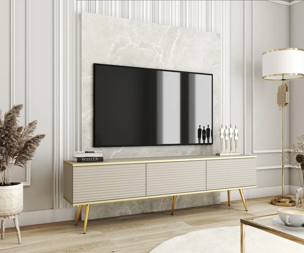 Meuble TV BLUM ORO Beige 175 cm avec Lignes d'Or Style Moderne Chic