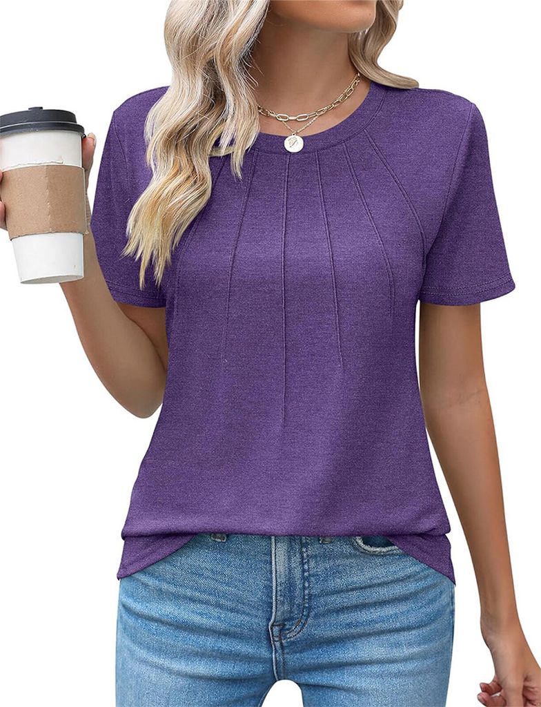ASKSA Damen T-Shirt Sommer Kurzarm Rundhals Laessig Shirts Tops Tee Elegant Oberteile, Violett, Groesse: M