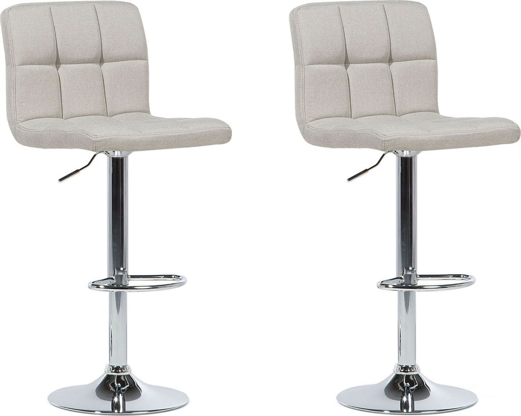 Two beige bar stools are shown against a white background.