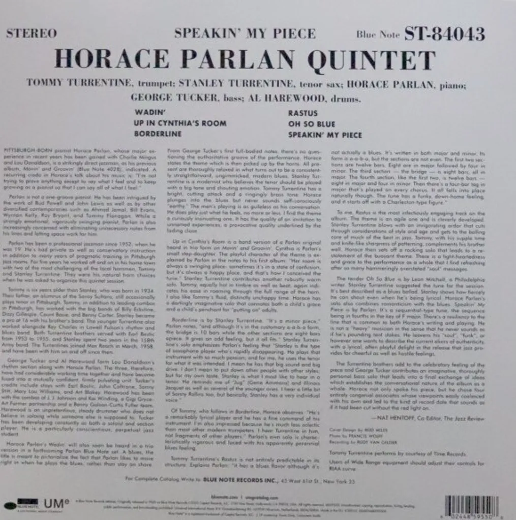 Horace Parlan Speakin My Piece Vinyle Réédition Classique Blue Note