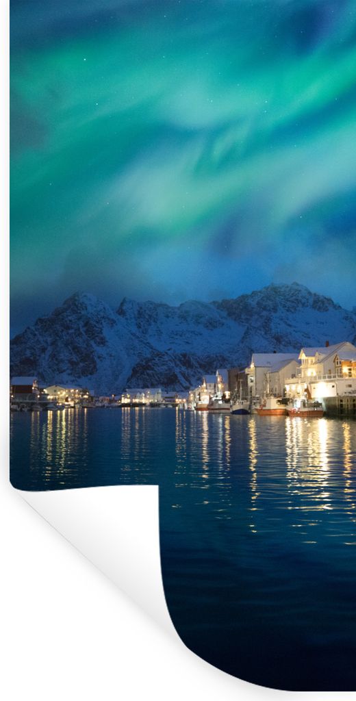 MuchoWow Wandtattoo Wandsticker Wandaufkleber Nordlichter - Norwegen - Berg 60x120 cm Selbstklebend und Repositionierbar - Selbstklebend - Fotota...