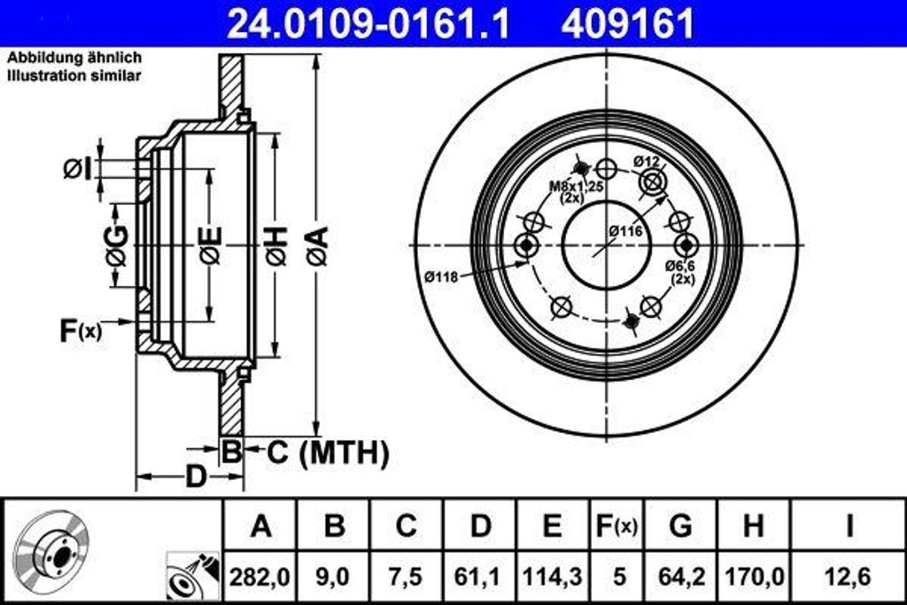 ATE 24.0109-0161.1 Bremsscheibe OE 42510SZ3J00 kompatibel mit Accord