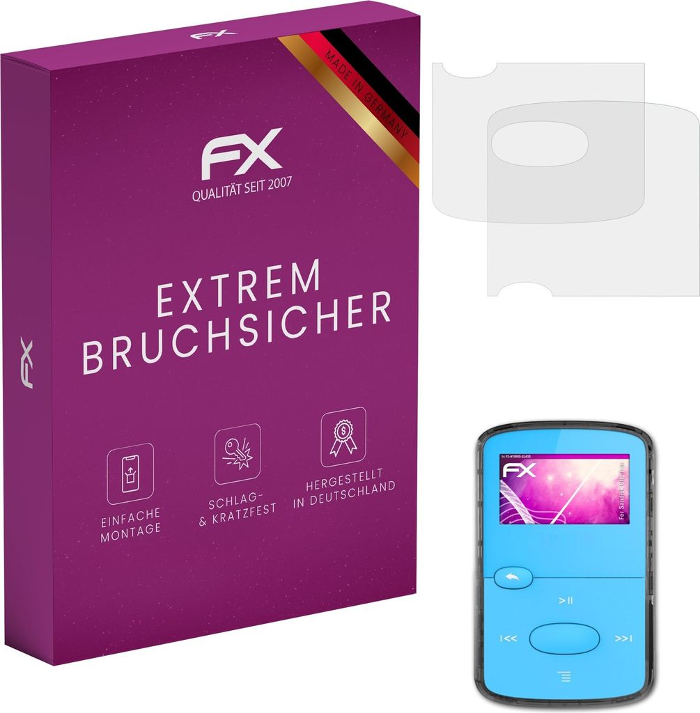 atFoliX FX-Hybrid-Glass Displayfolie kompatibel mit Sandisk Clip Jam Glasfolie