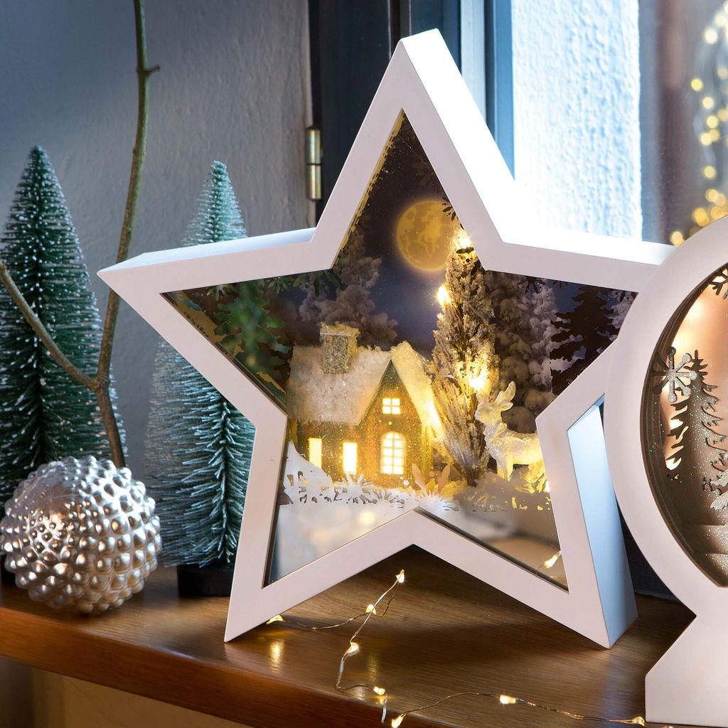 LED Stern weiß 3D Deko Winterszene beleuchtet Glas Produktbild 