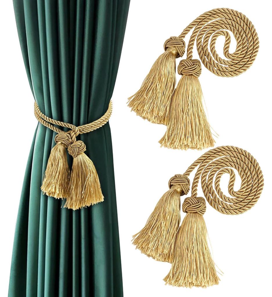 2 handgefertigte Gardinenhalter mit Quasten, goldene Kordel mit Seilknoten