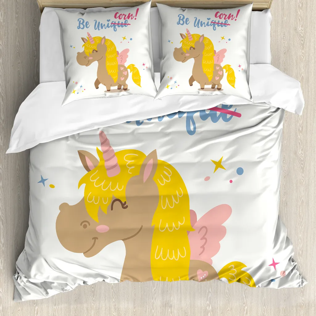ABAKUHAUS Set copripiumino Unicorno Per letti matrimoniali, Divertente citazione per bambini chiara, Antiacaro Adatto a chi soffre di allergie con federe, Multicolore