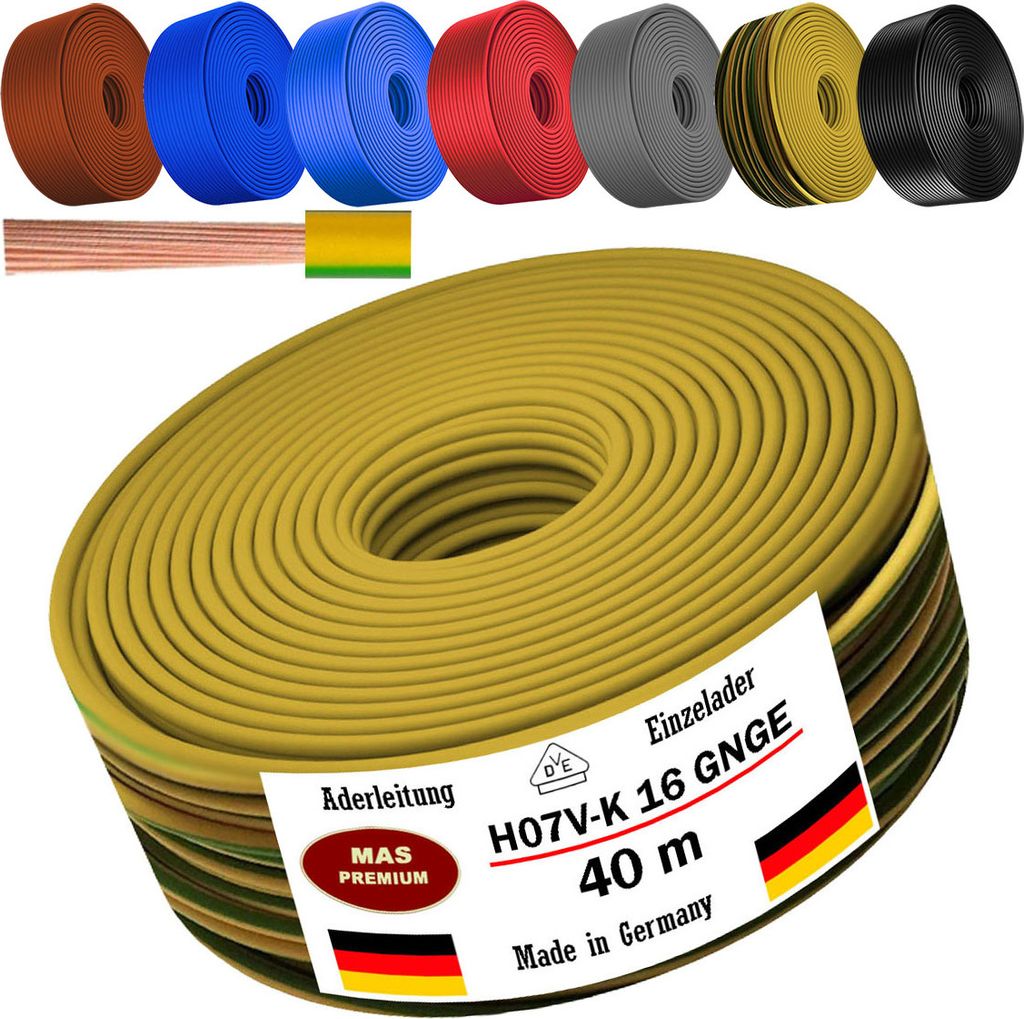 40m Aderleitung H07 V-K GNGE 1x16 mm² Grüngelb Einzelader flexibel