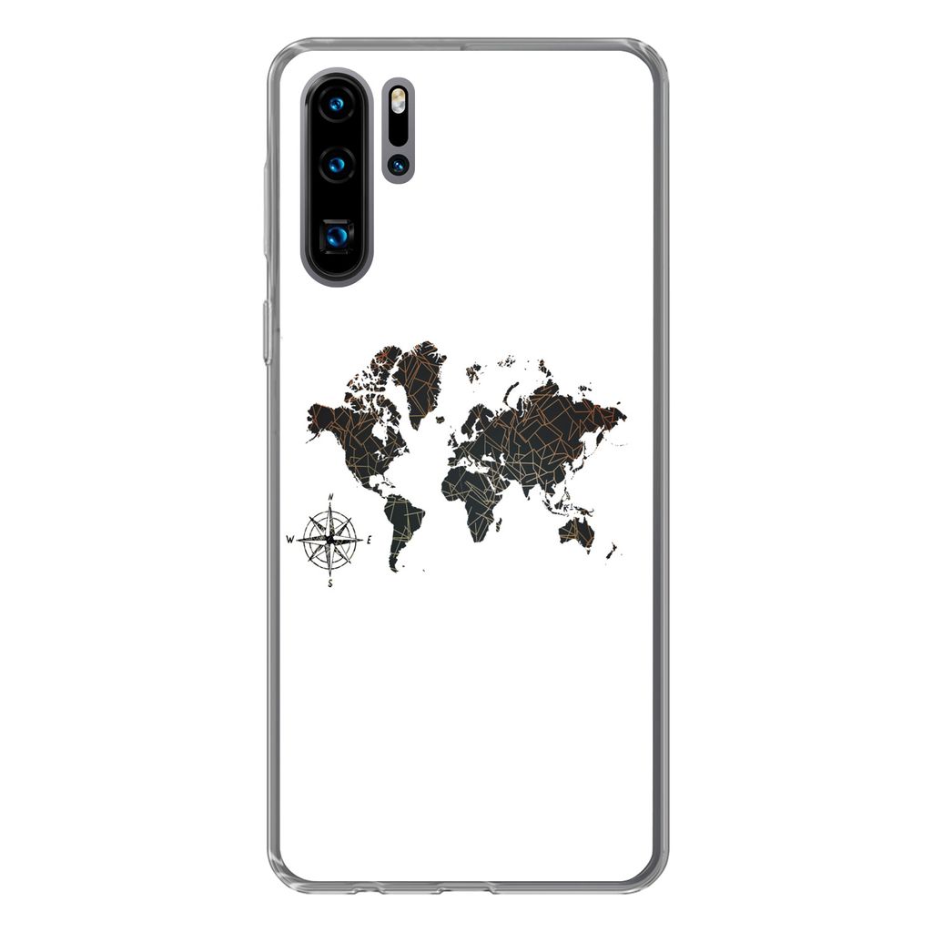 MuchoWow Handyhülle Schutzhülle Hülle für Huawei P30 Pro Weltkarte - Gold - Schwarz - Windrose Silikon Softcase Handy Hülle - Schutzdeckel