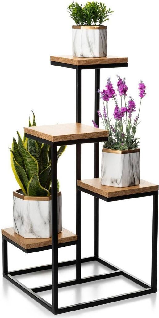 HowHomely Modern Pflanzenständer mit 4 Ablagen, Blumenhocker aus Metall Schwarz 79 cm Höhe - Blumenständer für das Haus