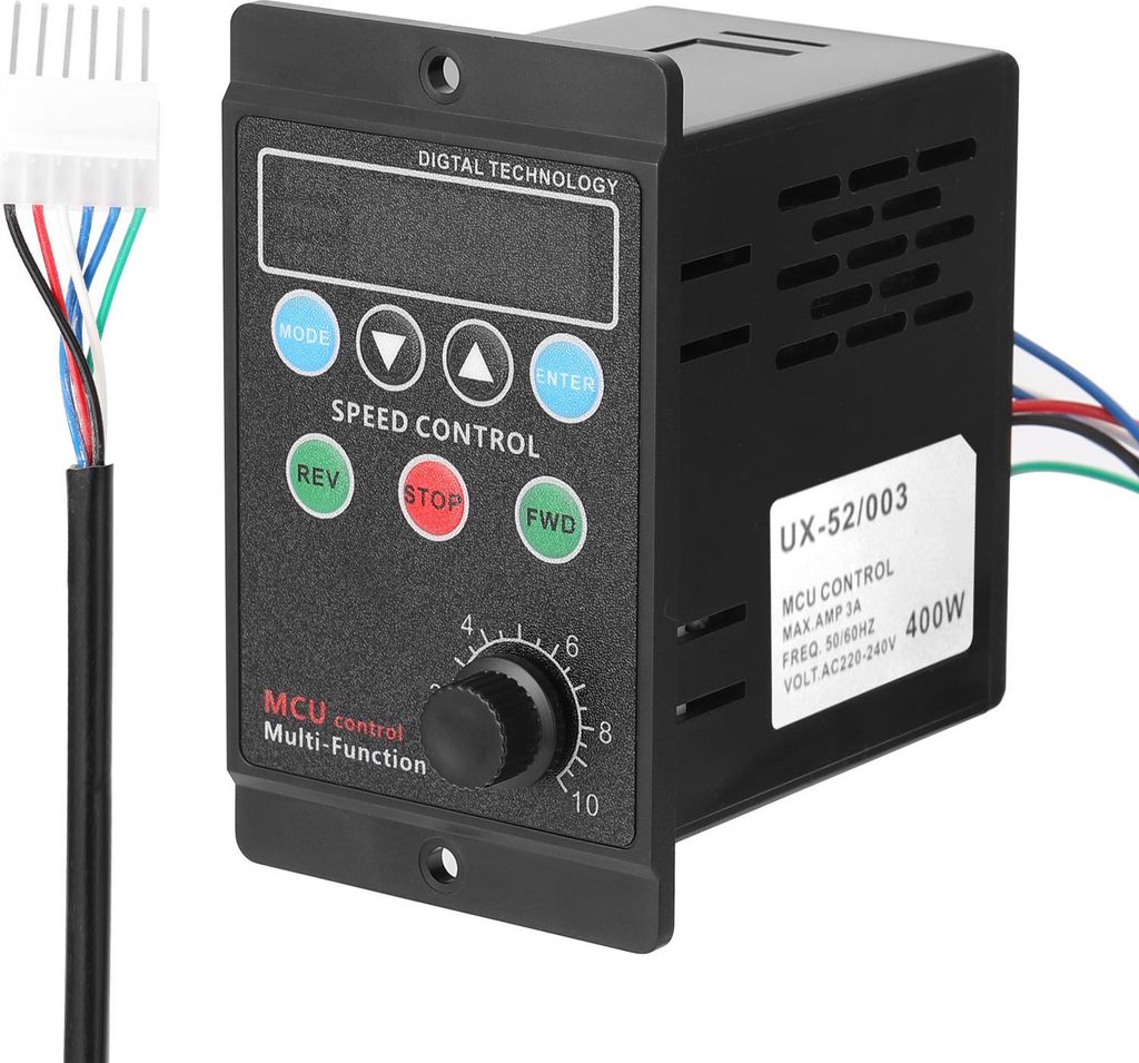 A black electronic speed controller with a digital display and control buttons, connected to a wire harness.