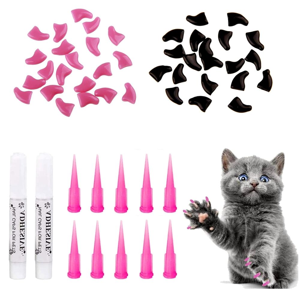 Katzennagelabdeckung, Krallenschutz, sichere Anti-Kratz-Kappen für Katzenpfoten, farbige (Rosa & Schwarz, 40 Stück)