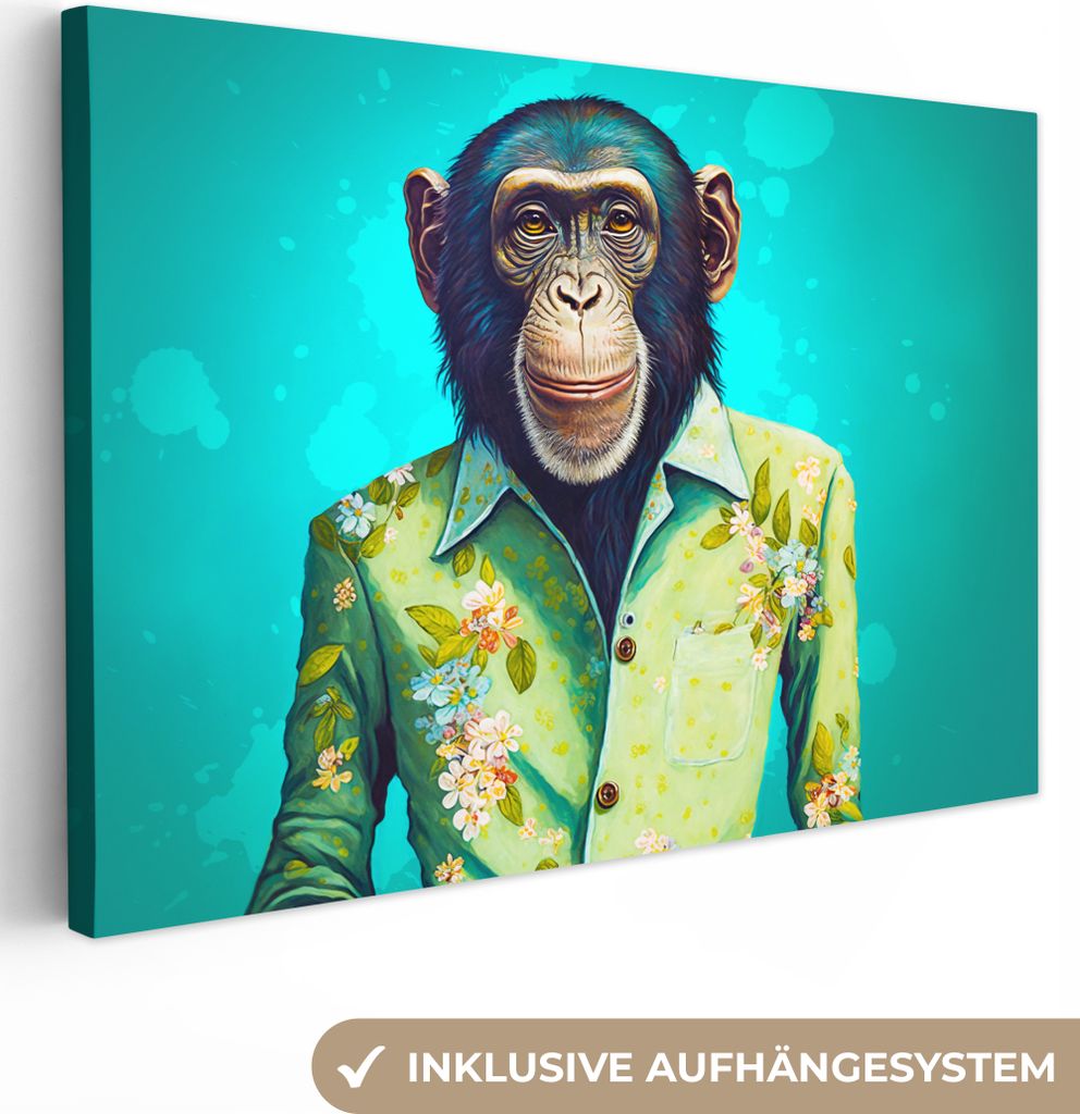 OneMillionCanvasses - Leinwandbilder - 150x100 cm, Affe - Bluse - Blumen - Grün - Porträt, Wandbilder Kunstdruck Wanddekoration - Foto auf Lein...