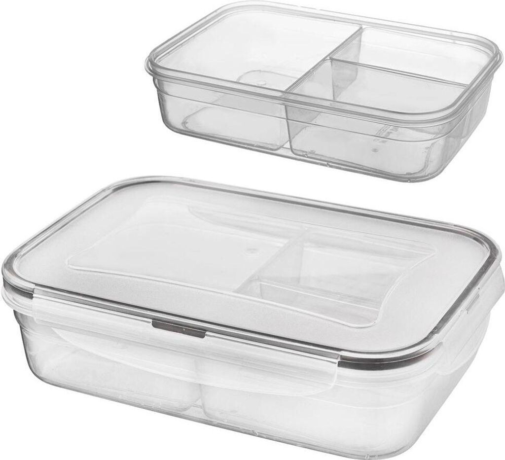 Two transparent plastic lunchboxes with dividers, one stacked on top of the other, against a white background.