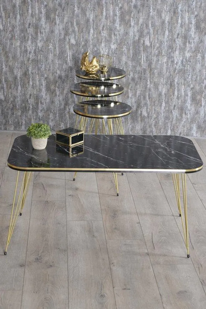 Table basse marbre noir et or lot de 4 pièces design luxe 90 cm