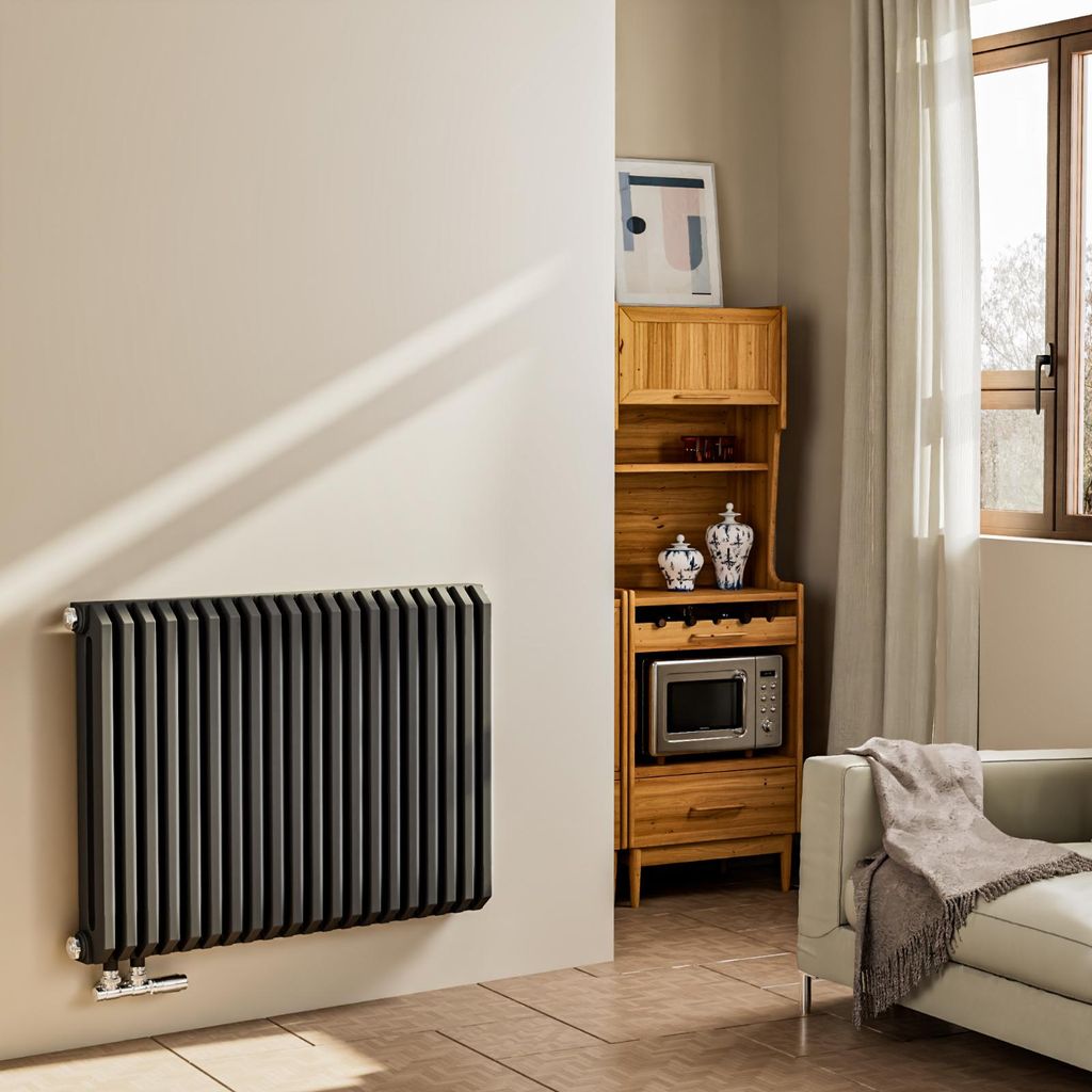 EMKE Design-Heizkörper D-Form 600x840mm 1383W Red Dot Award Winner Anthrazit – Horizontal Montage, für 18,4 m², Bad & Wohnzimmer ohne Heizstab