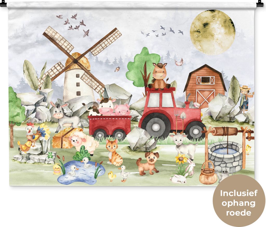 MuchoWow Wandteppich Wandbehang Bauernhof - Traktor - Kinder - Tiere 150x112 cm Tapisserie Dekoration Wandtuch - Wanddecke - Wandteppiche